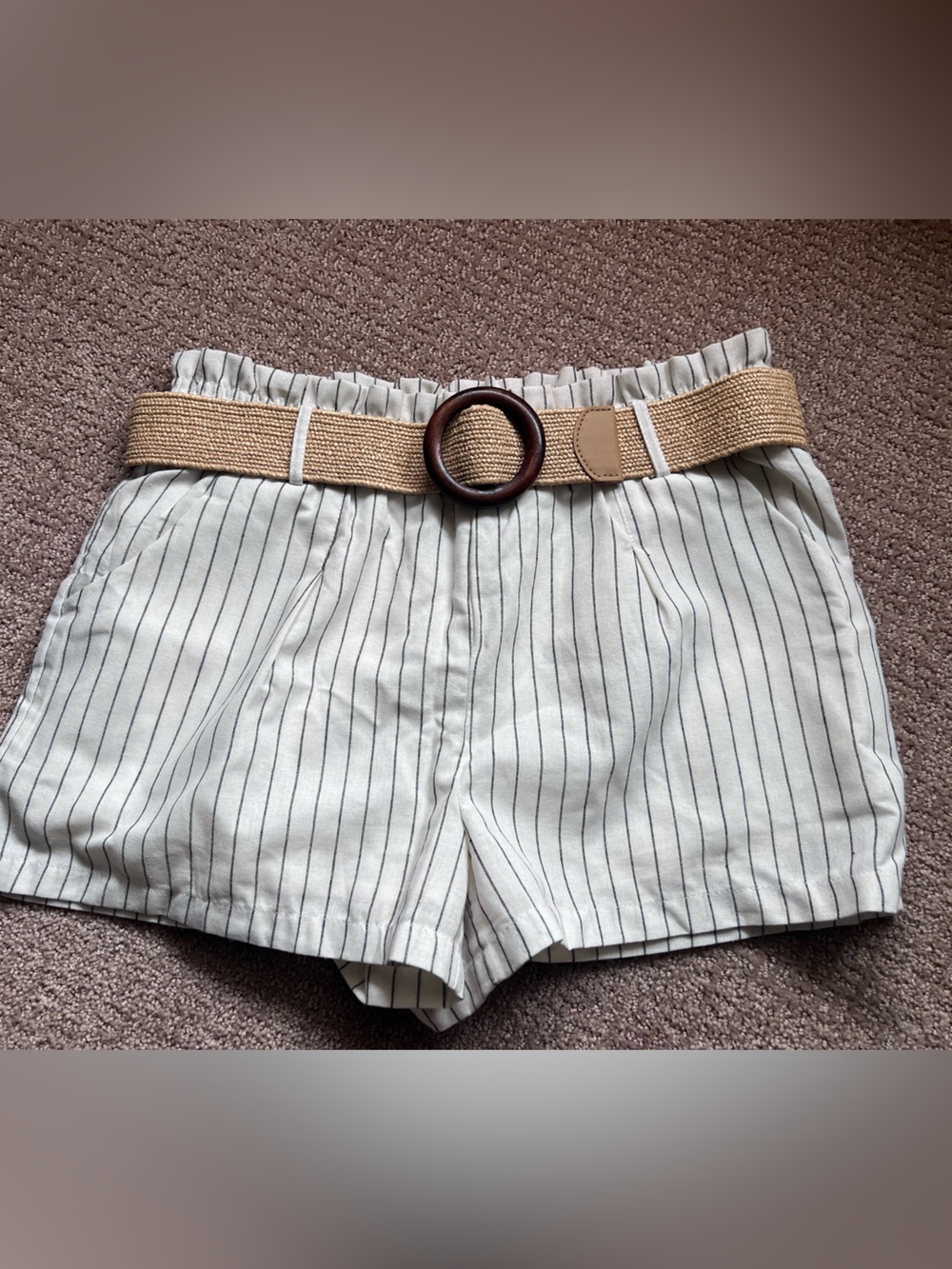 High-Waist Cream Pinstripe Women's Shorts with Tan Belt